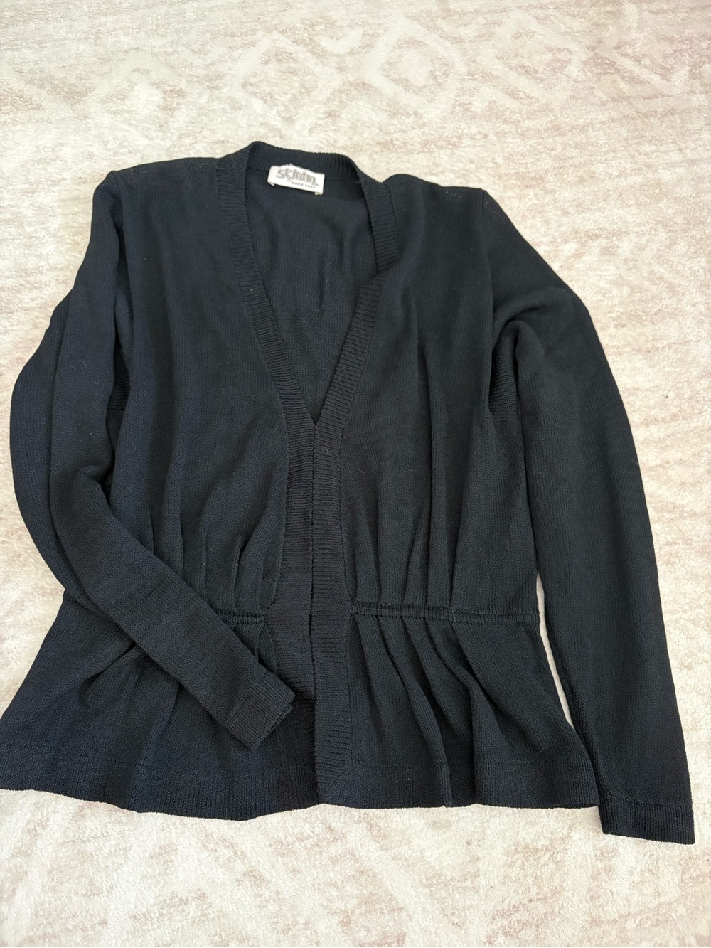 St. John Black V-Neck Gathered-Waist Knit Cardigan